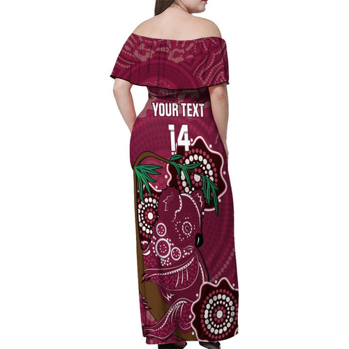 Custom Queensland Maroons Rugby Family Matching Off Shoulder Maxi Dress and Hawaiian Shirt 2024 Koala Mix Aboriginal Art