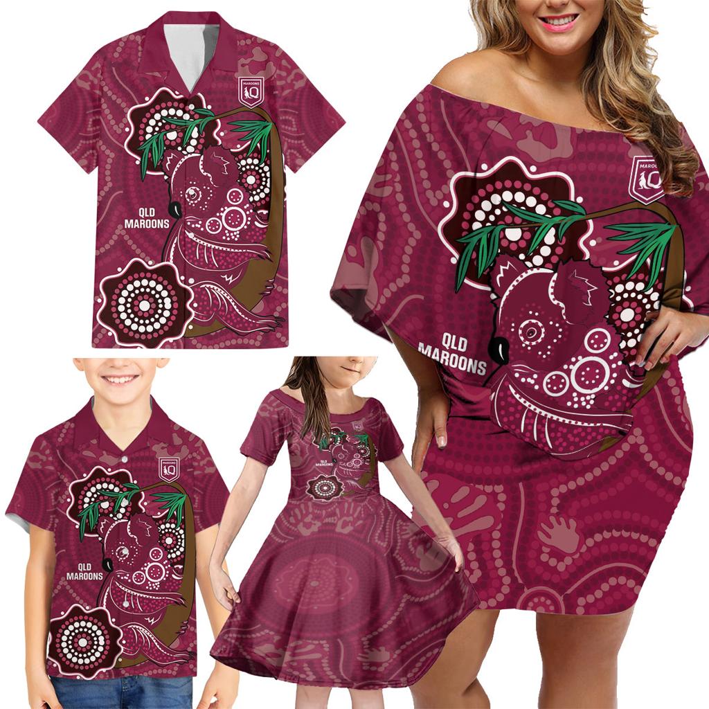 Custom Queensland Maroons Rugby Family Matching Off Shoulder Short Dress and Hawaiian Shirt 2024 Koala Mix Aboriginal Art