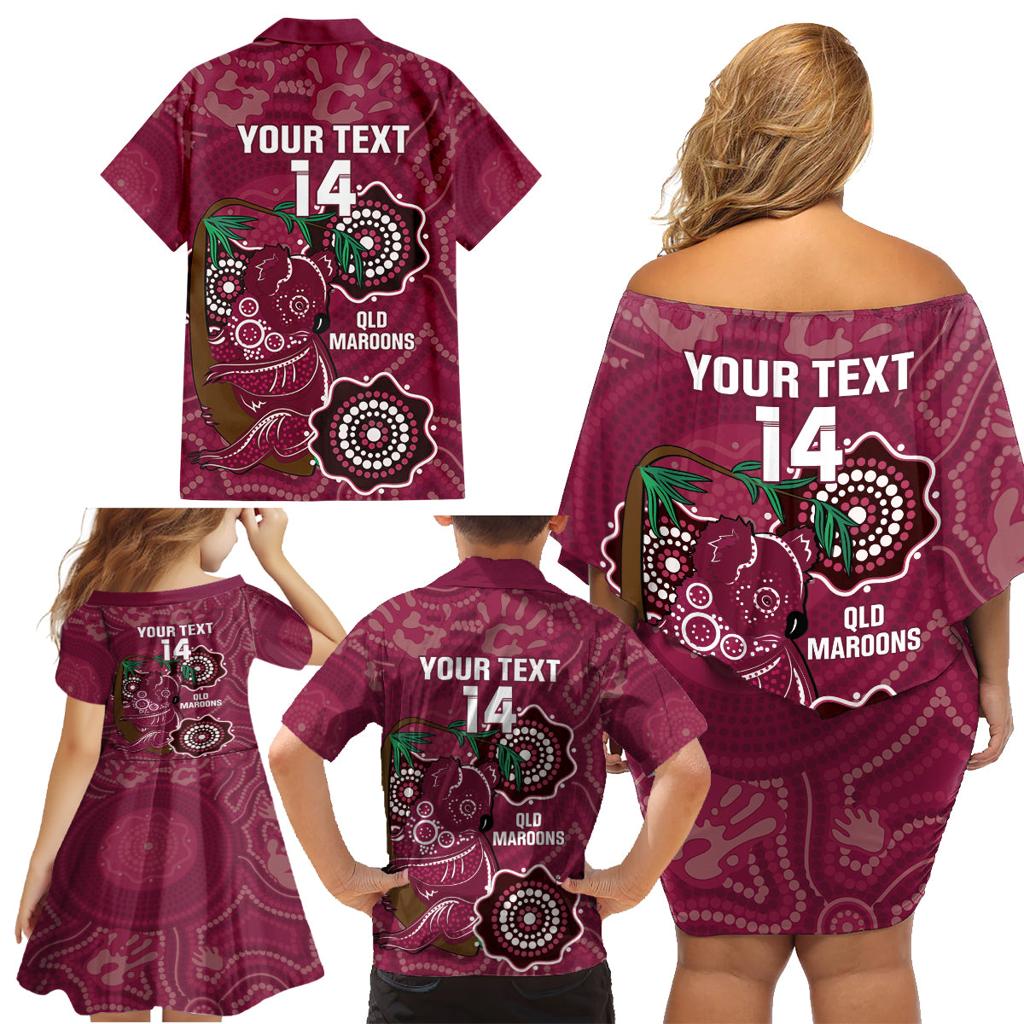 Custom Queensland Maroons Rugby Family Matching Off Shoulder Short Dress and Hawaiian Shirt 2024 Koala Mix Aboriginal Art