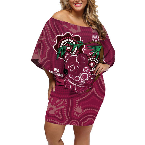 Custom Queensland Maroons Rugby Family Matching Off Shoulder Short Dress and Hawaiian Shirt 2024 Koala Mix Aboriginal Art