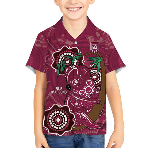 Custom Queensland Maroons Rugby Family Matching Off Shoulder Short Dress and Hawaiian Shirt 2024 Koala Mix Aboriginal Art