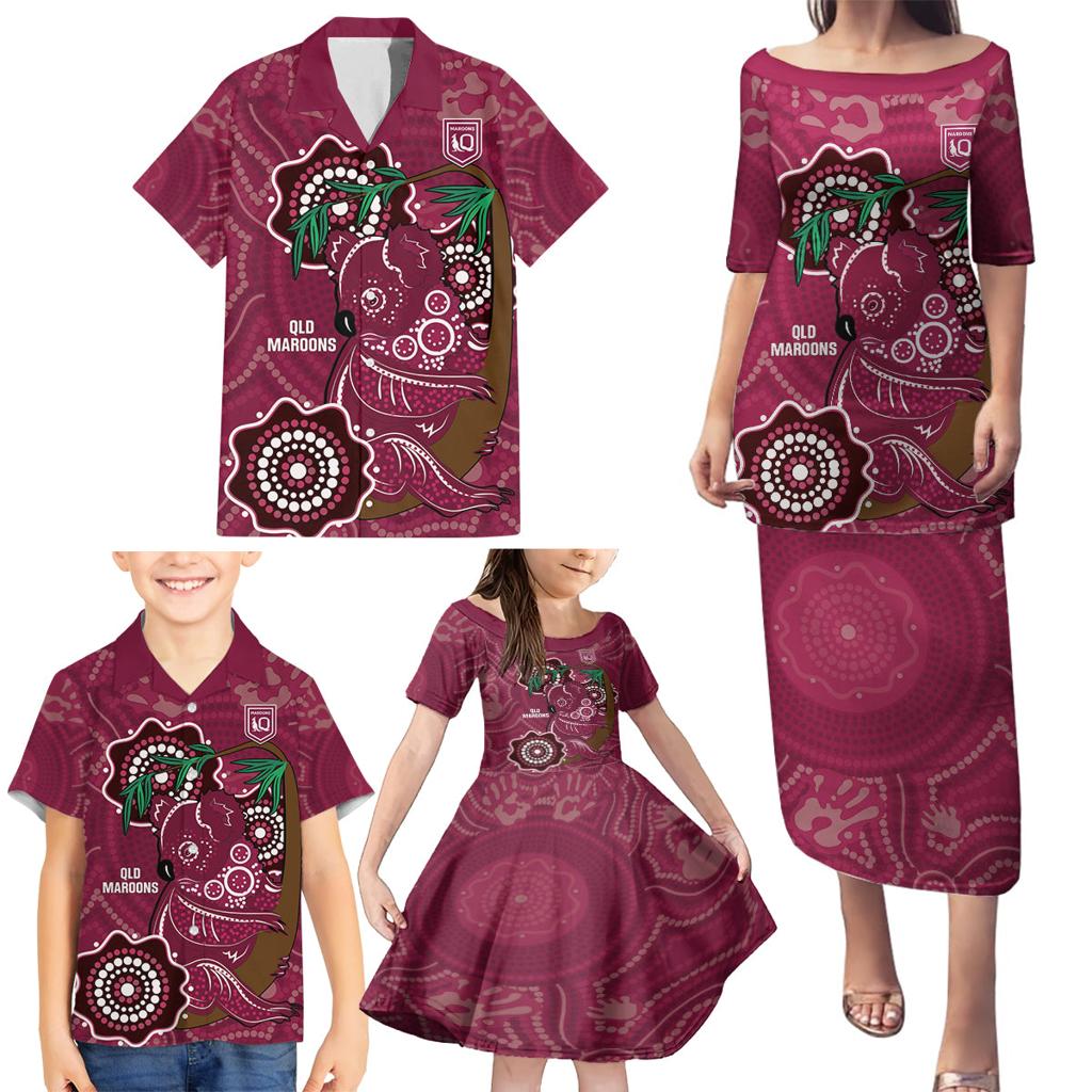 Custom Queensland Maroons Rugby Family Matching Puletasi and Hawaiian Shirt 2024 Koala Mix Aboriginal Art