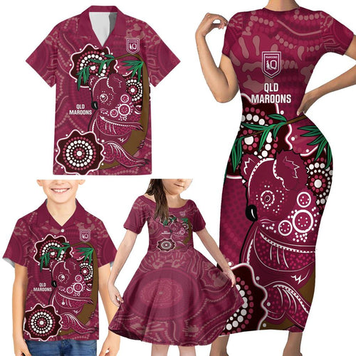 Custom Queensland Maroons Rugby Family Matching Short Sleeve Bodycon Dress and Hawaiian Shirt 2024 Koala Mix Aboriginal Art