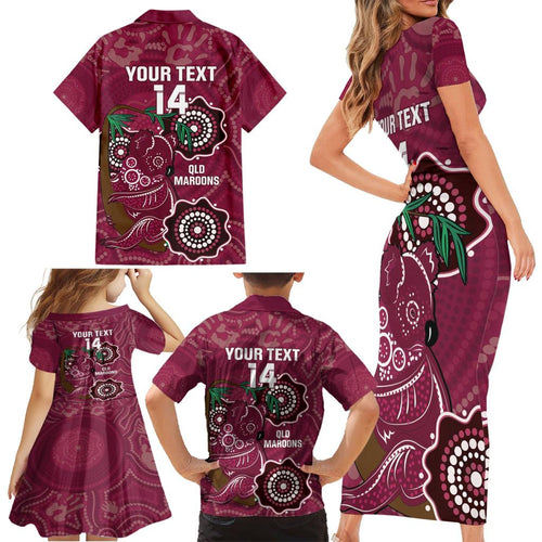Custom Queensland Maroons Rugby Family Matching Short Sleeve Bodycon Dress and Hawaiian Shirt 2024 Koala Mix Aboriginal Art
