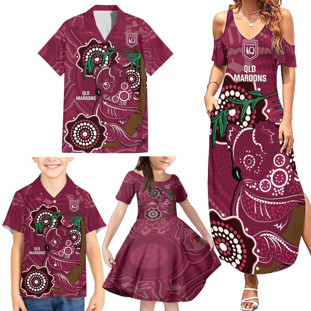 Custom Queensland Maroons Rugby Family Matching Summer Maxi Dress and Hawaiian Shirt 2024 Koala Mix Aboriginal Art