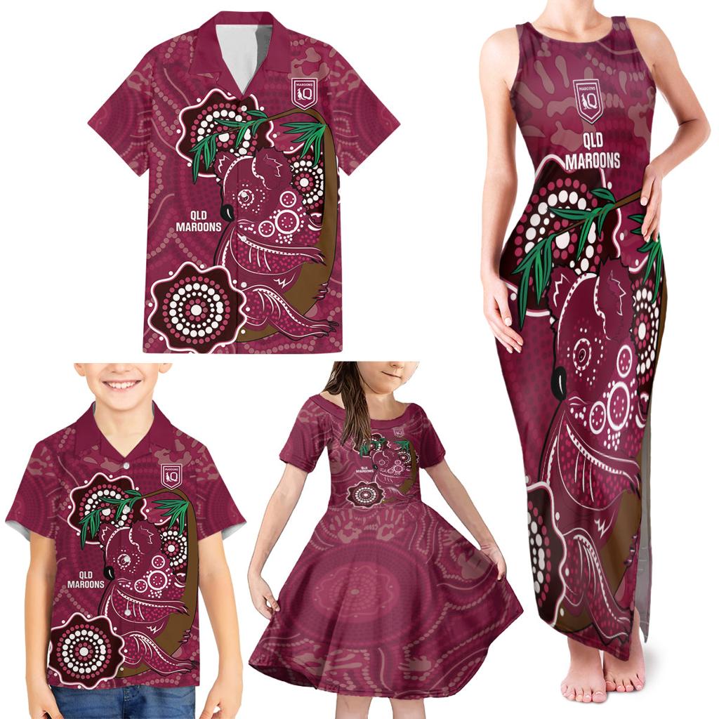 Custom Queensland Maroons Rugby Family Matching Tank Maxi Dress and Hawaiian Shirt 2024 Koala Mix Aboriginal Art