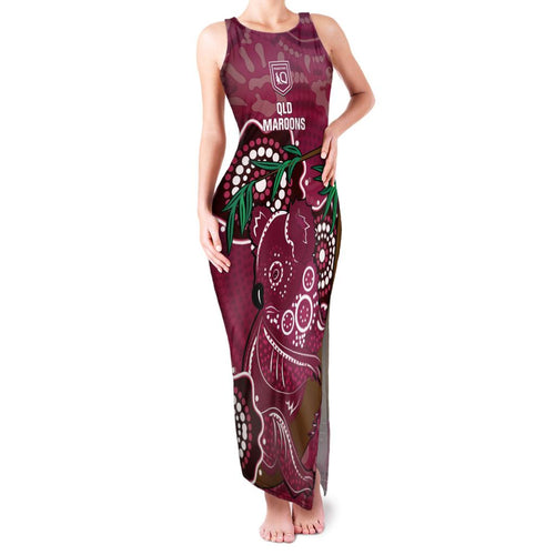 Custom Queensland Maroons Rugby Family Matching Tank Maxi Dress and Hawaiian Shirt 2024 Koala Mix Aboriginal Art