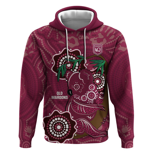 Custom Queensland Maroons Rugby Hoodie 2024 Koala Mix Aboriginal Art