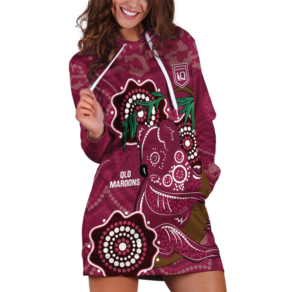 Custom Queensland Maroons Rugby Hoodie Dress 2024 Koala Mix Aboriginal Art
