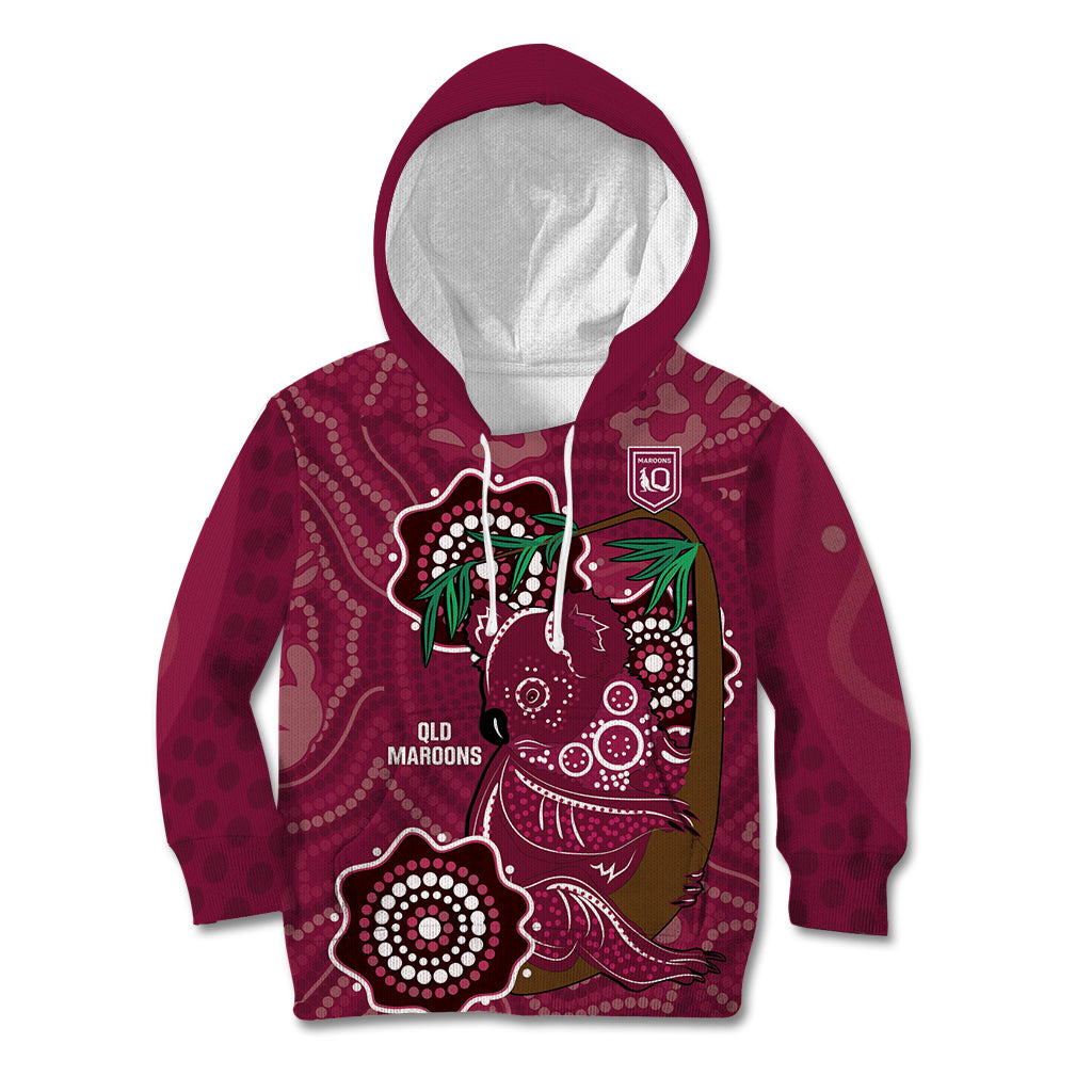 Custom Queensland Maroons Rugby Kid Hoodie 2024 Koala Mix Aboriginal Art