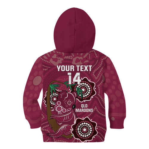Custom Queensland Maroons Rugby Kid Hoodie 2024 Koala Mix Aboriginal Art
