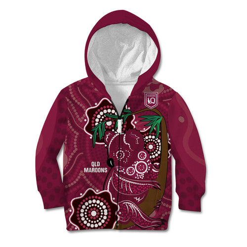 Custom Queensland Maroons Rugby Kid Hoodie 2024 Koala Mix Aboriginal Art