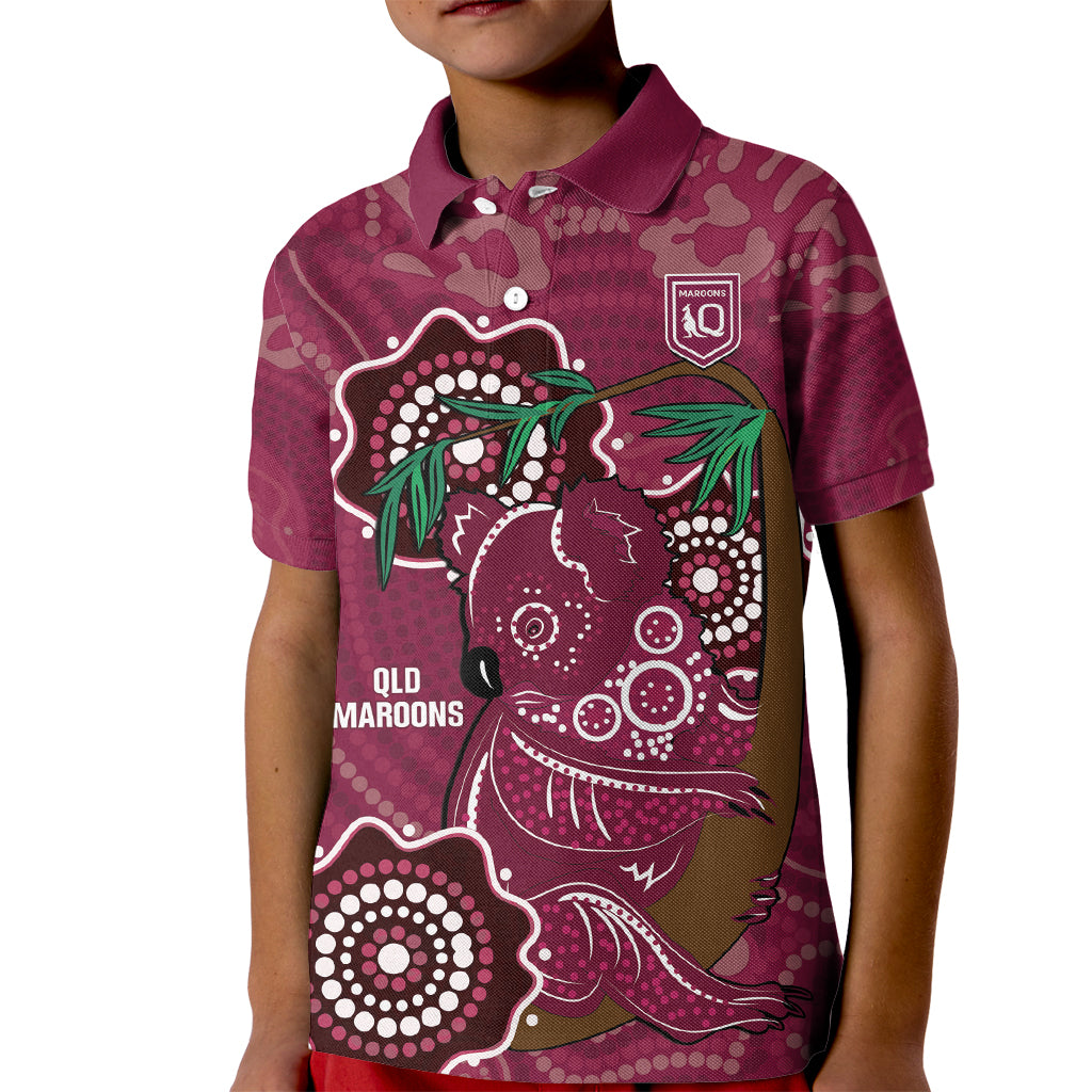 Custom Queensland Maroons Rugby Kid Polo Shirt 2024 Koala Mix Aboriginal Art