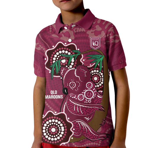 Custom Queensland Maroons Rugby Kid Polo Shirt 2024 Koala Mix Aboriginal Art