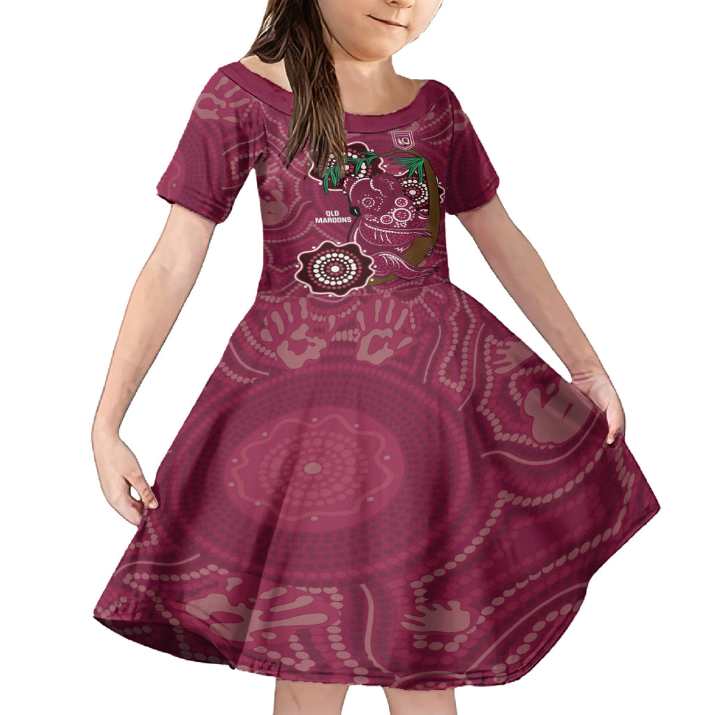 Custom Queensland Maroons Rugby Kid Short Sleeve Dress 2024 Koala Mix Aboriginal Art