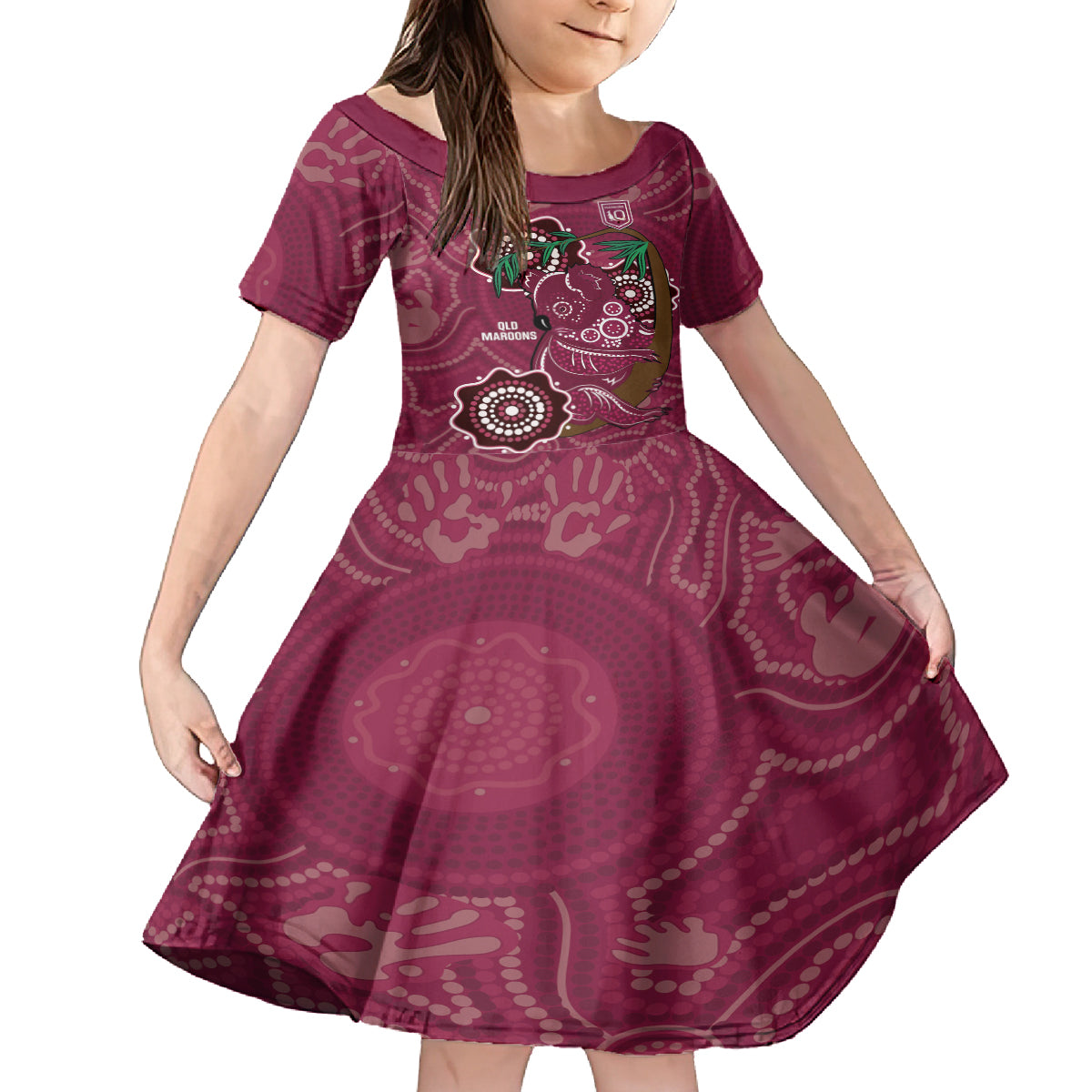 Custom Queensland Maroons Rugby Kid Short Sleeve Dress 2024 Koala Mix Aboriginal Art