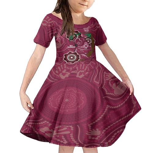 Custom Queensland Maroons Rugby Kid Short Sleeve Dress 2024 Koala Mix Aboriginal Art