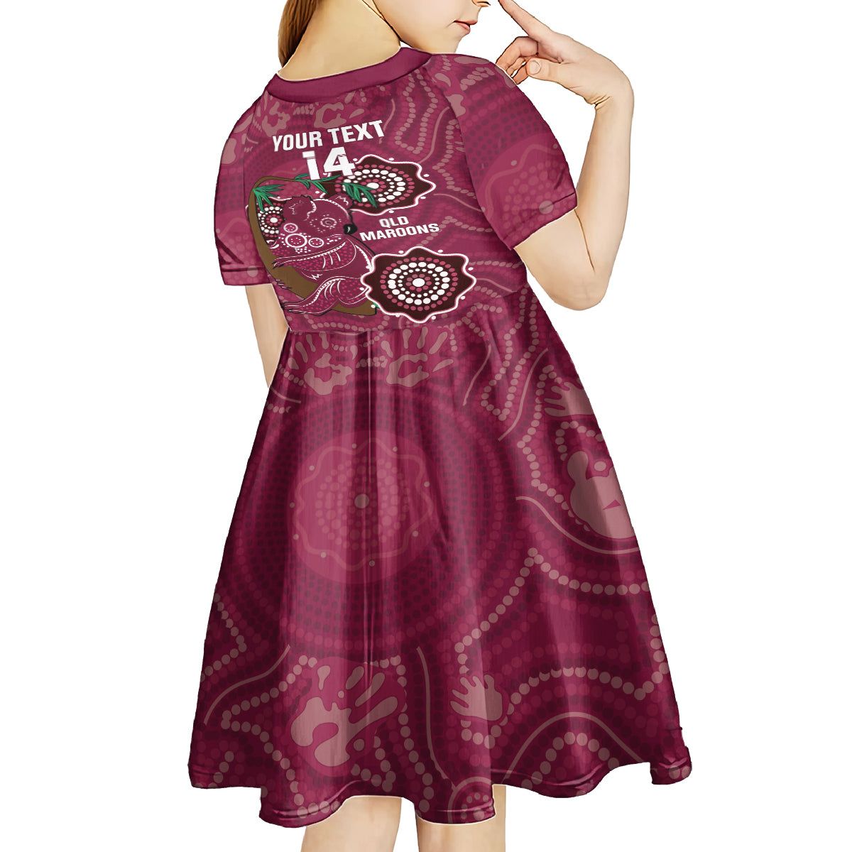 Custom Queensland Maroons Rugby Kid Short Sleeve Dress 2024 Koala Mix Aboriginal Art