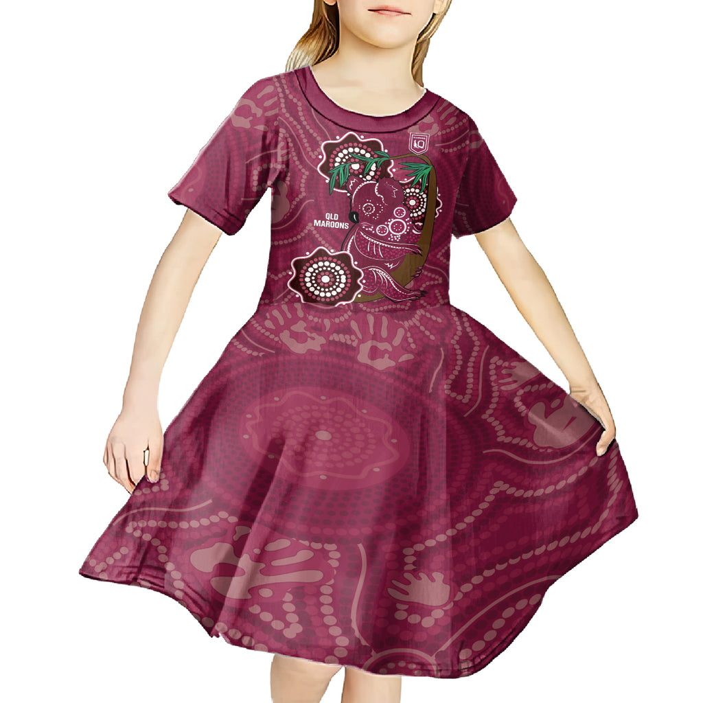 Custom Queensland Maroons Rugby Kid Short Sleeve Dress 2024 Koala Mix Aboriginal Art