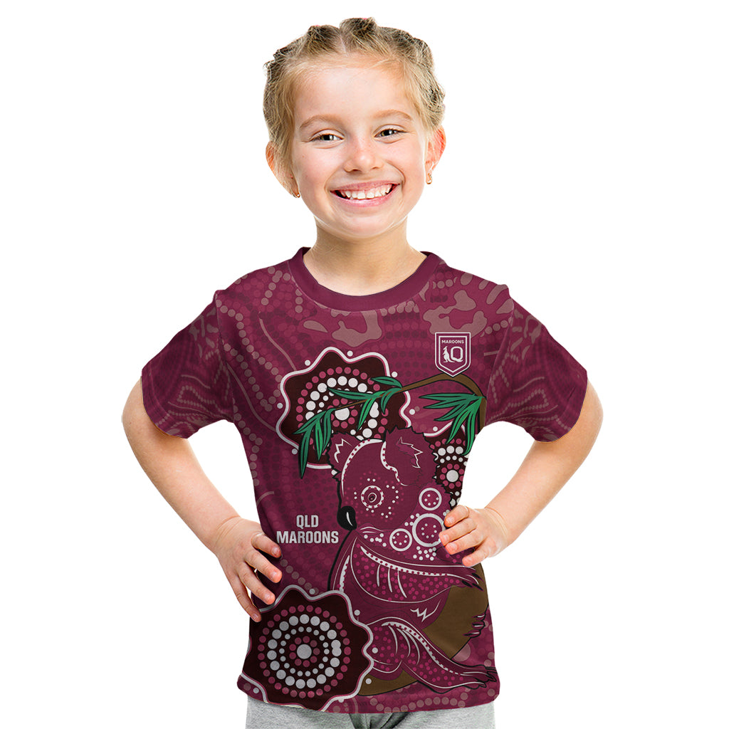 Custom Queensland Maroons Rugby Kid T Shirt 2024 Koala Mix Aboriginal Art