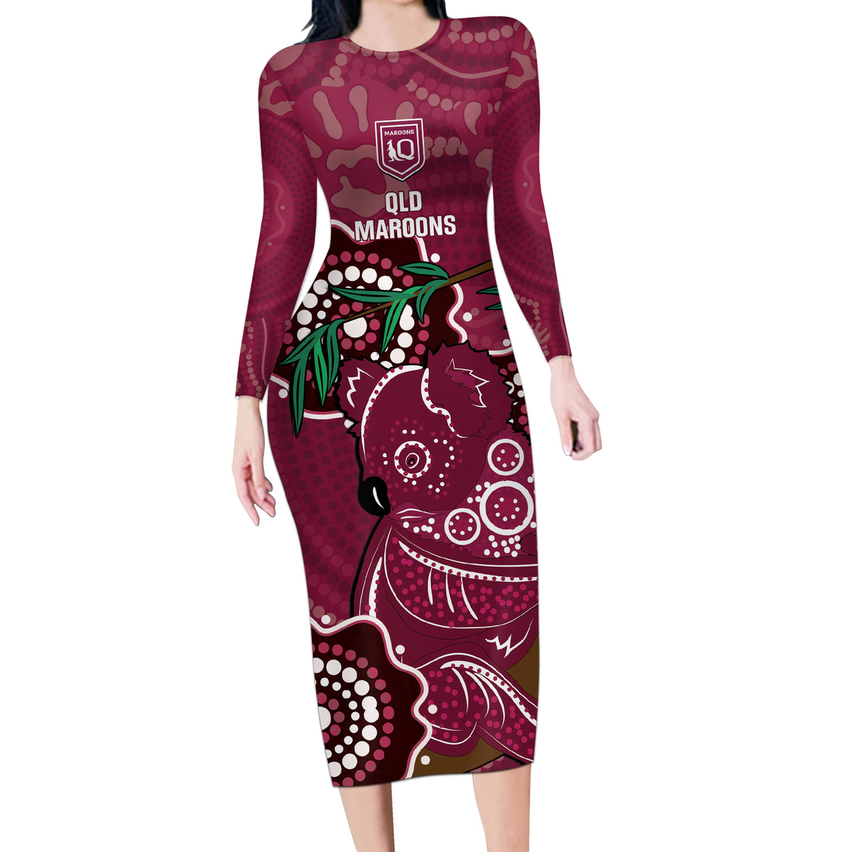 Custom Queensland Maroons Rugby Long Sleeve Bodycon Dress 2024 Koala Mix Aboriginal Art