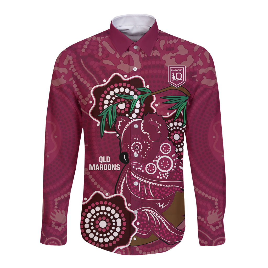 Custom Queensland Maroons Rugby Long Sleeve Button Shirt 2024 Koala Mix Aboriginal Art