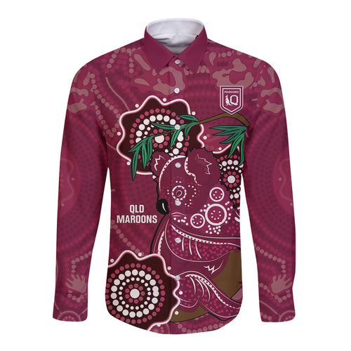 Custom Queensland Maroons Rugby Long Sleeve Button Shirt 2024 Koala Mix Aboriginal Art