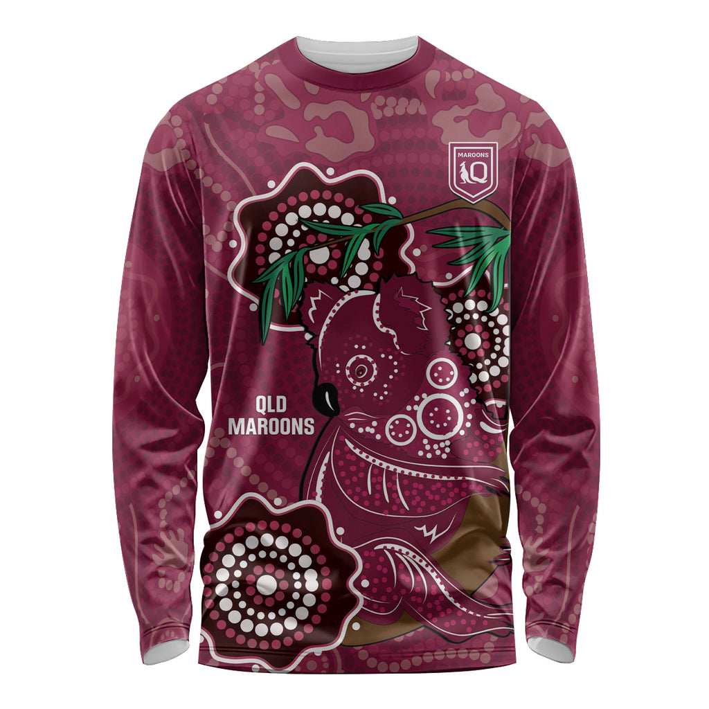 Custom Queensland Maroons Rugby Long Sleeve Shirt 2024 Koala Mix Aboriginal Art