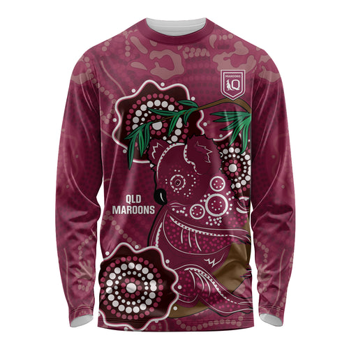 Custom Queensland Maroons Rugby Long Sleeve Shirt 2024 Koala Mix Aboriginal Art