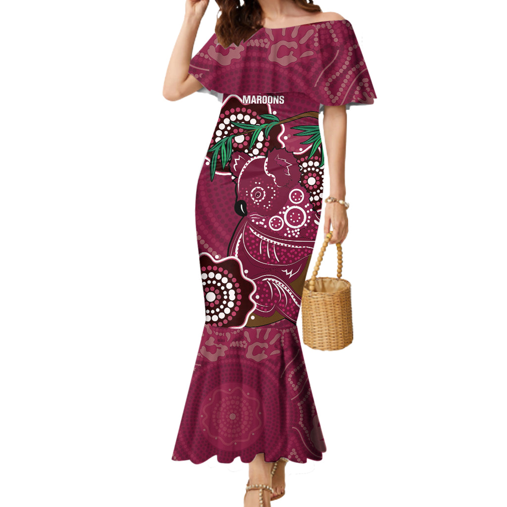 Custom Queensland Maroons Rugby Mermaid Dress 2024 Koala Mix Aboriginal Art
