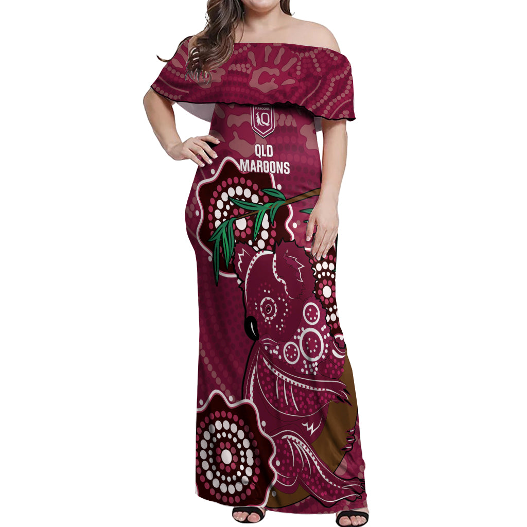 Custom Queensland Maroons Rugby Off Shoulder Maxi Dress 2024 Koala Mix Aboriginal Art