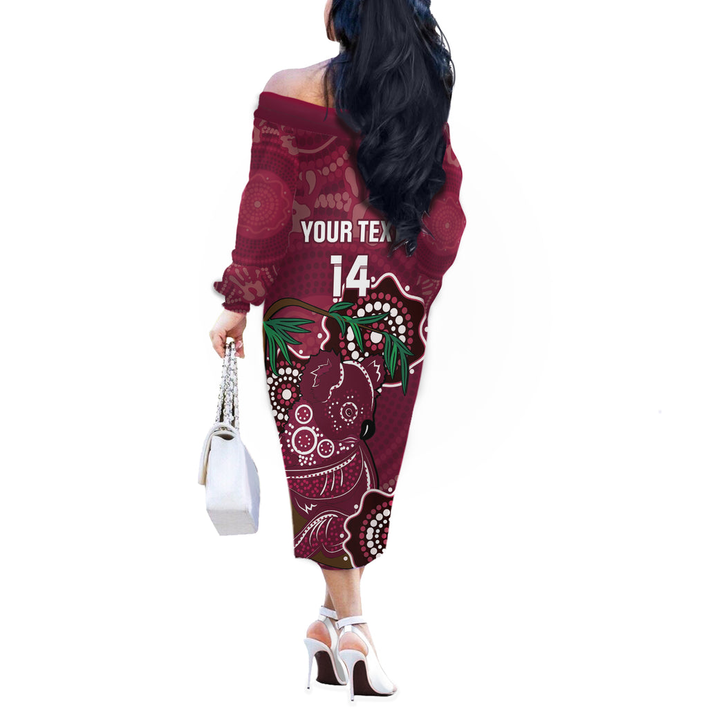Custom Queensland Maroons Rugby Off The Shoulder Long Sleeve Dress 2024 Koala Mix Aboriginal Art