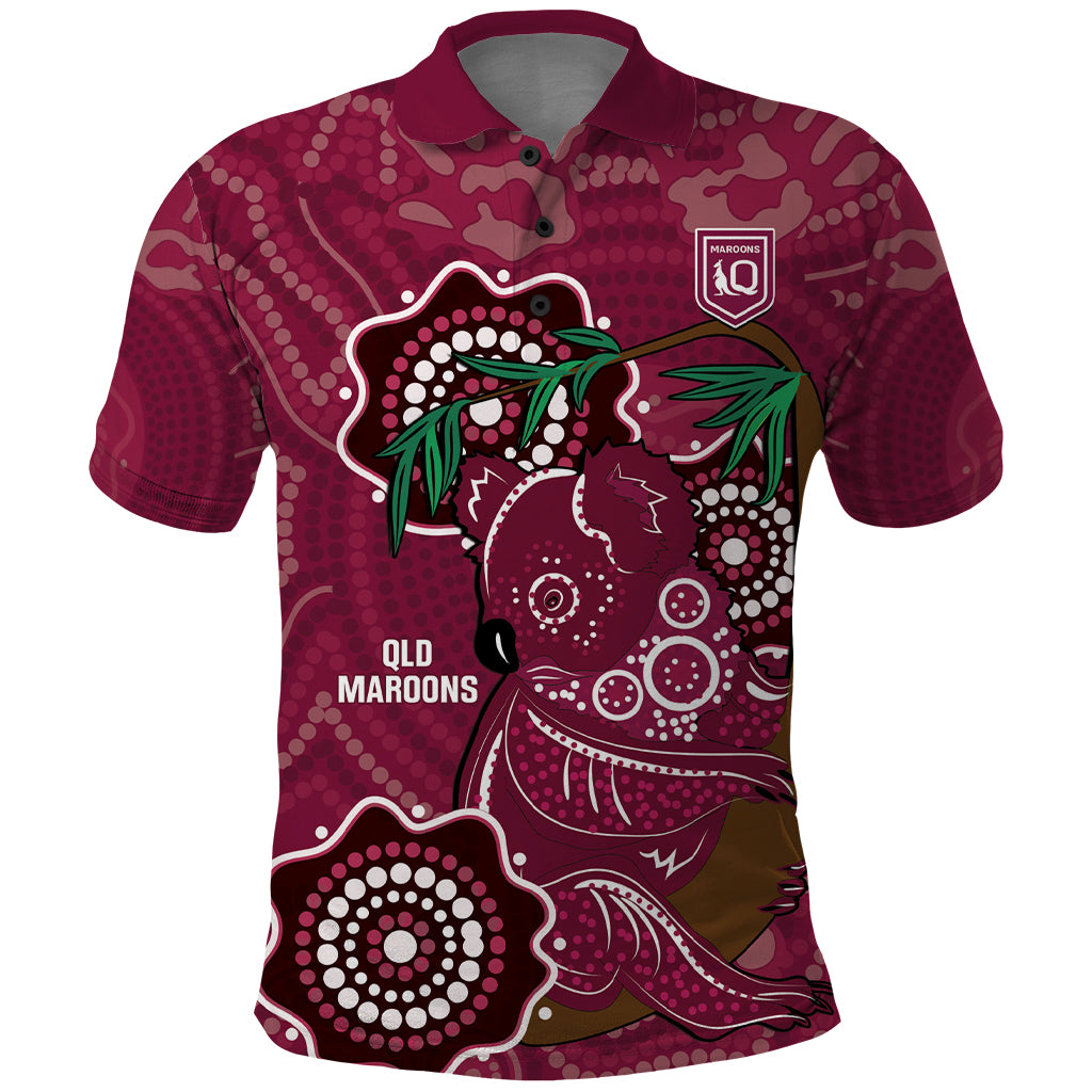 Custom Queensland Maroons Rugby Polo Shirt 2024 Koala Mix Aboriginal Art