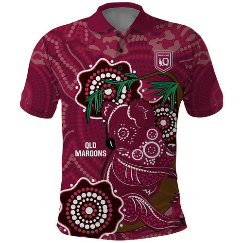 Custom Queensland Maroons Rugby Polo Shirt 2024 Koala Mix Aboriginal Art