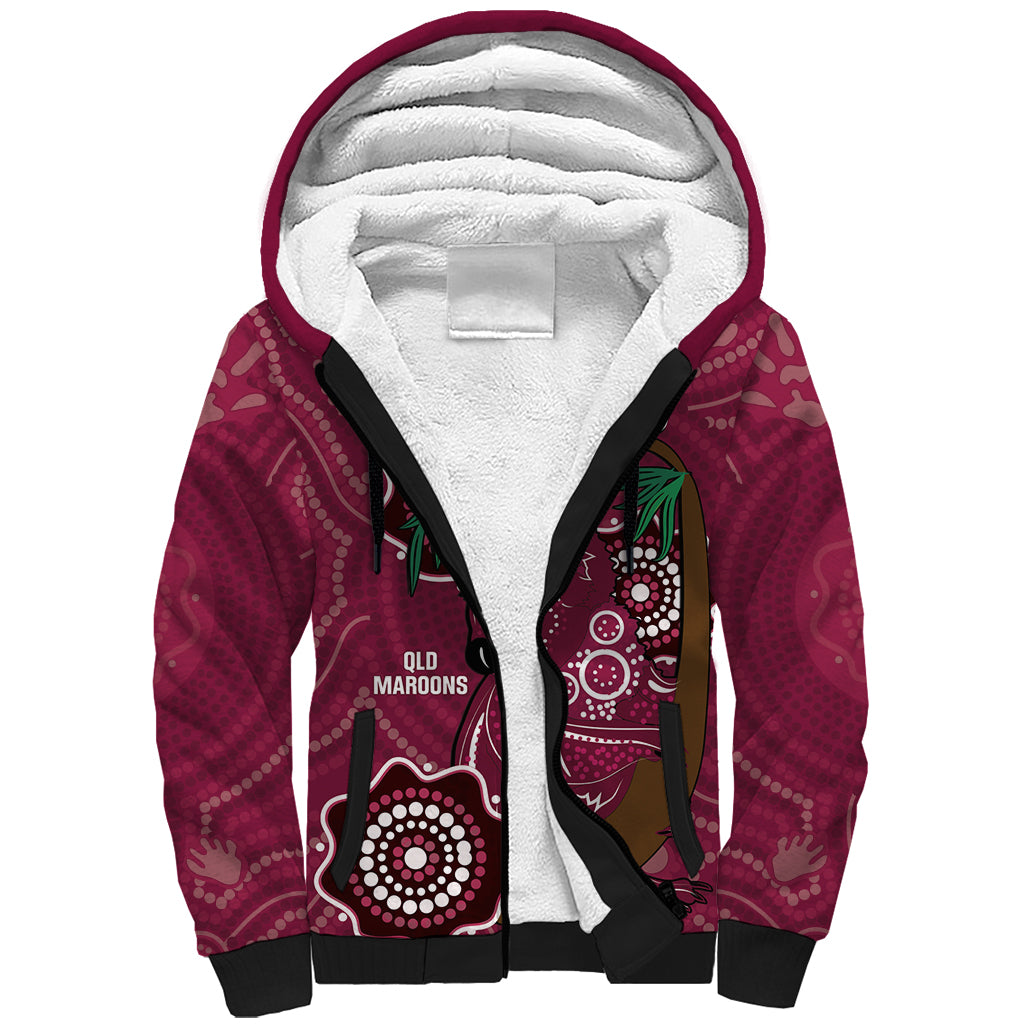 Custom Queensland Maroons Rugby Sherpa Hoodie 2024 Koala Mix Aboriginal Art