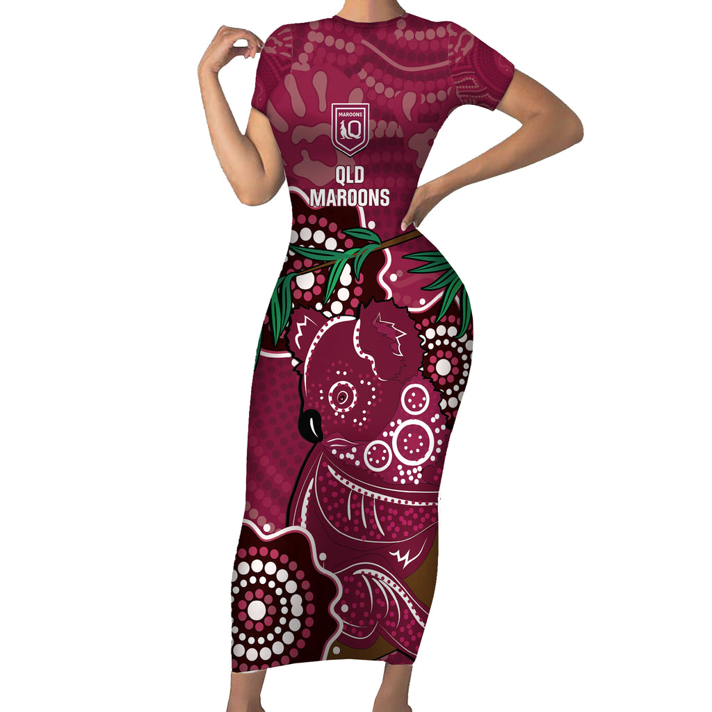 Custom Queensland Maroons Rugby Short Sleeve Bodycon Dress 2024 Koala Mix Aboriginal Art
