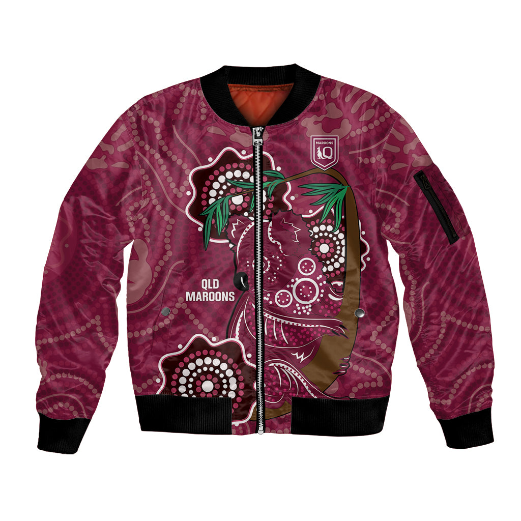 Custom Queensland Maroons Rugby Sleeve Zip Bomber Jacket 2024 Koala Mix Aboriginal Art