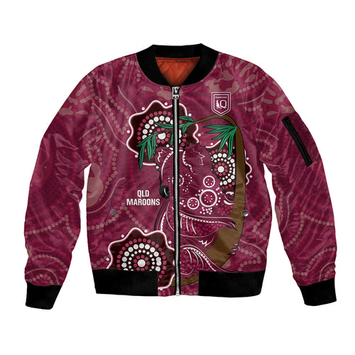 Custom Queensland Maroons Rugby Sleeve Zip Bomber Jacket 2024 Koala Mix Aboriginal Art