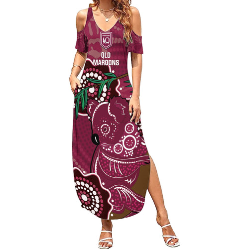 Custom Queensland Maroons Rugby Summer Maxi Dress 2024 Koala Mix Aboriginal Art