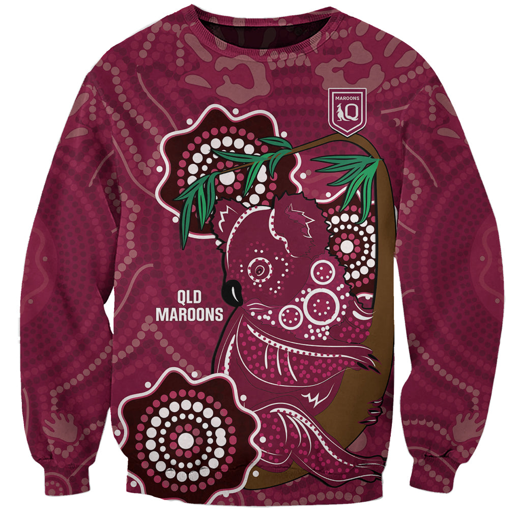 Custom Queensland Maroons Rugby Sweatshirt 2024 Koala Mix Aboriginal Art