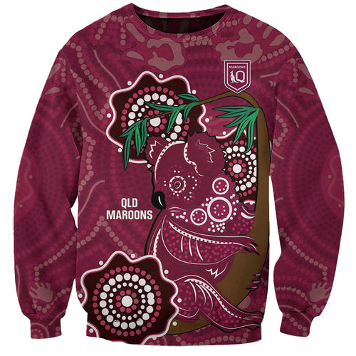 Custom Queensland Maroons Rugby Sweatshirt 2024 Koala Mix Aboriginal Art