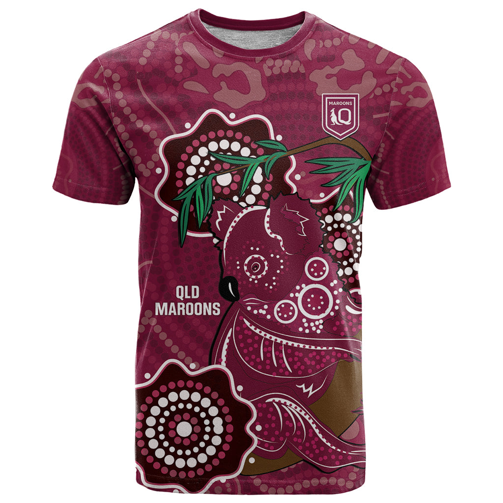 Custom Queensland Maroons Rugby T Shirt 2024 Koala Mix Aboriginal Art