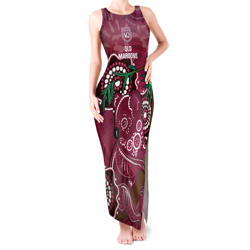 Custom Queensland Maroons Rugby Tank Maxi Dress 2024 Koala Mix Aboriginal Art