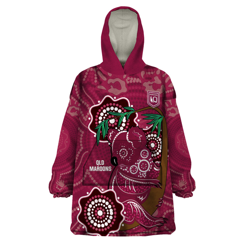 Custom Queensland Maroons Rugby Wearable Blanket Hoodie 2024 Koala Mix Aboriginal Art