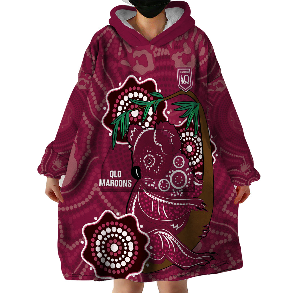 Custom Queensland Maroons Rugby Wearable Blanket Hoodie 2024 Koala Mix Aboriginal Art