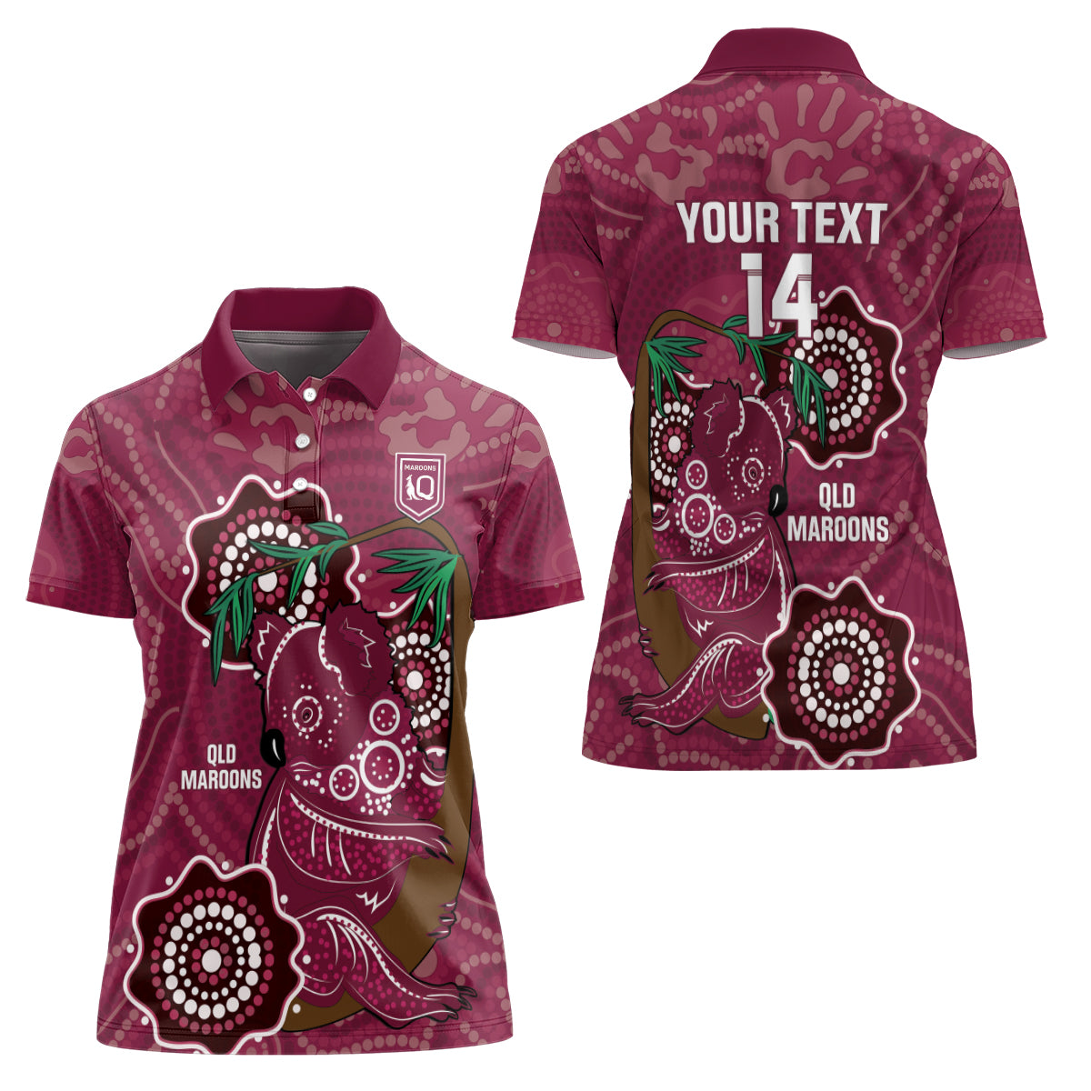 Custom Queensland Maroons Rugby Women Polo Shirt 2024 Koala Mix Aboriginal Art
