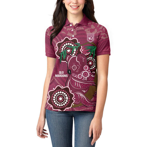 Custom Queensland Maroons Rugby Women Polo Shirt 2024 Koala Mix Aboriginal Art