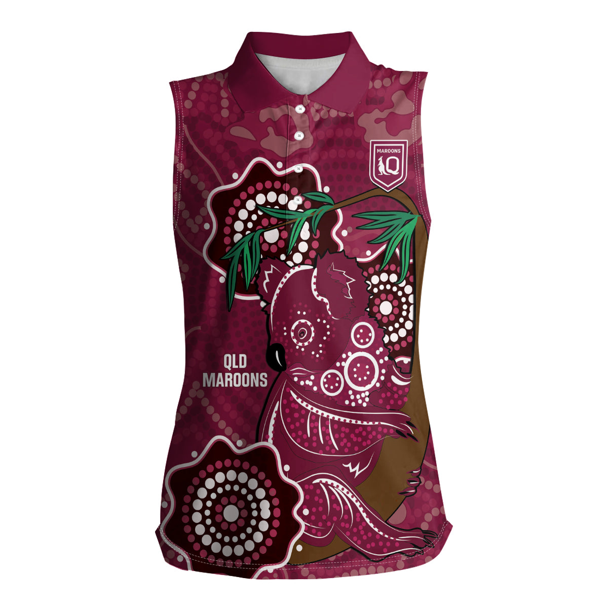 Custom Queensland Maroons Rugby Women Sleeveless Polo Shirt 2024 Koala Mix Aboriginal Art