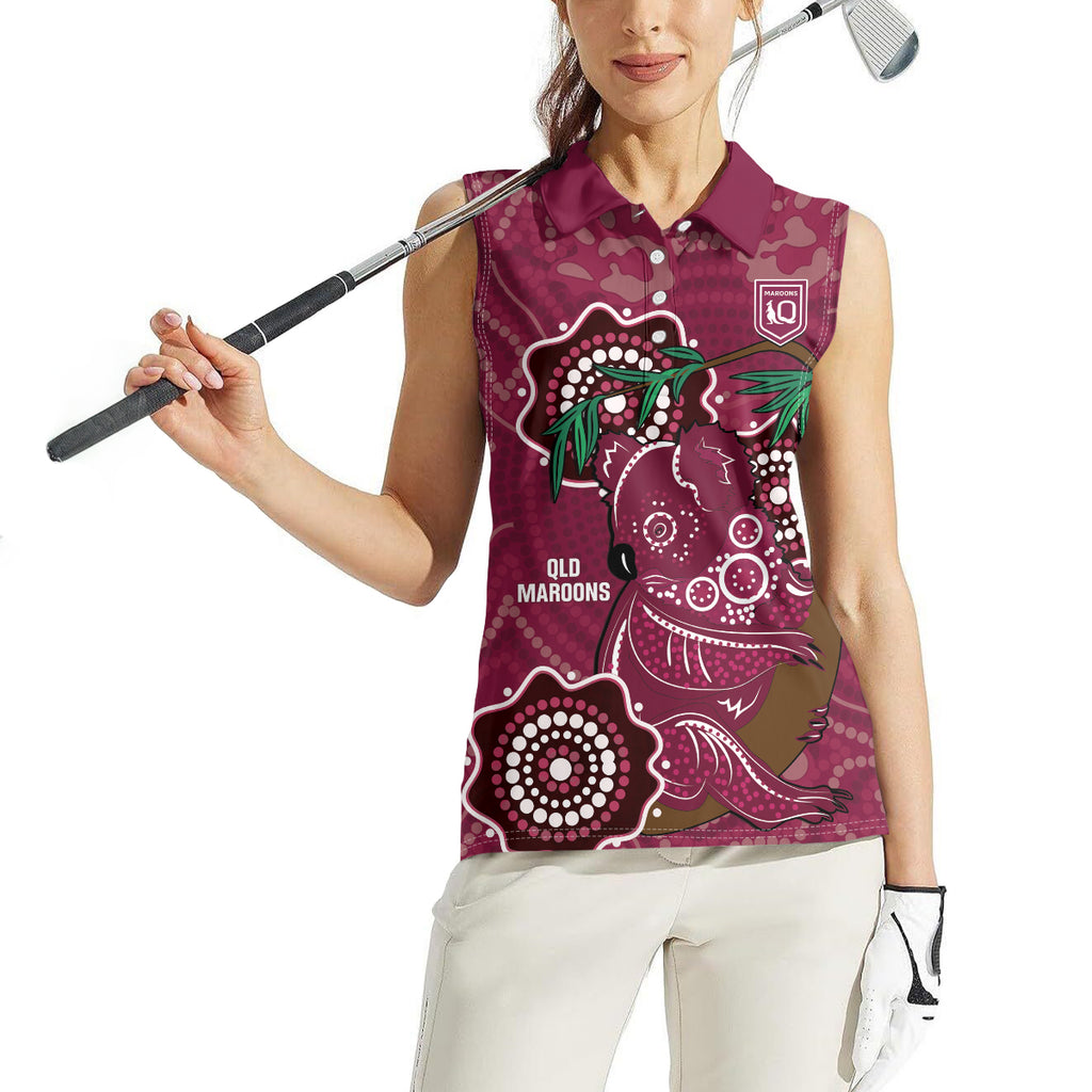 Custom Queensland Maroons Rugby Women Sleeveless Polo Shirt 2024 Koala Mix Aboriginal Art