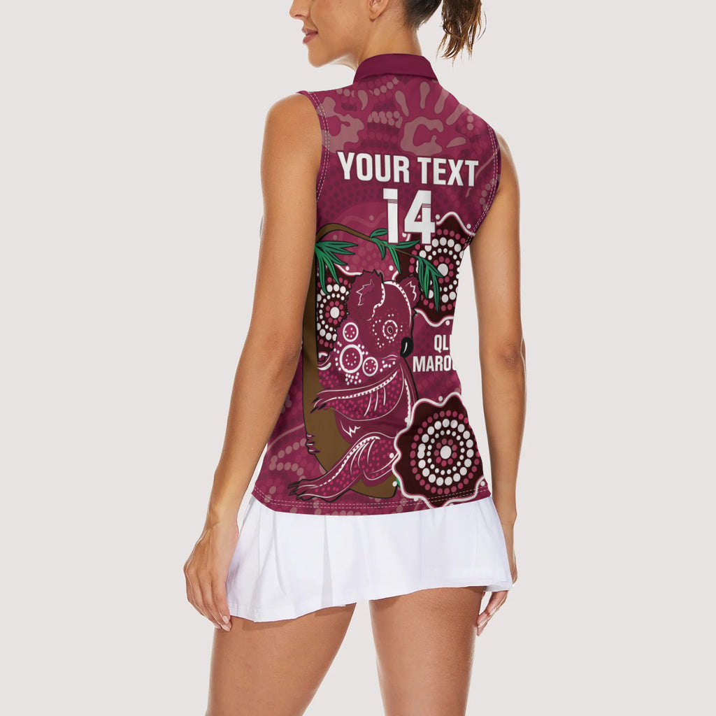 Custom Queensland Maroons Rugby Women Sleeveless Polo Shirt 2024 Koala Mix Aboriginal Art